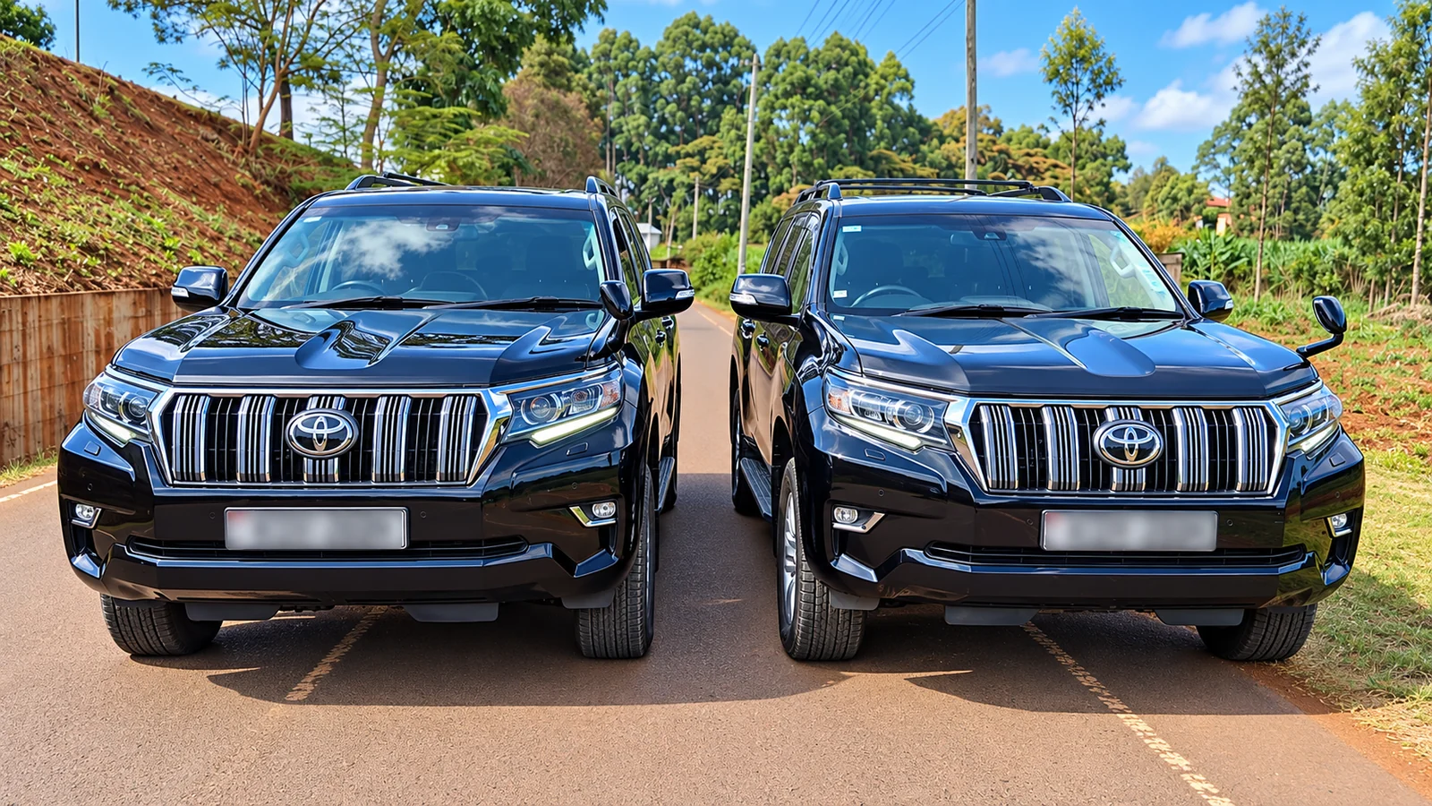 Two black Toyota Land Cruiser Prado vehicles in the Shanjoy Tours fleet
