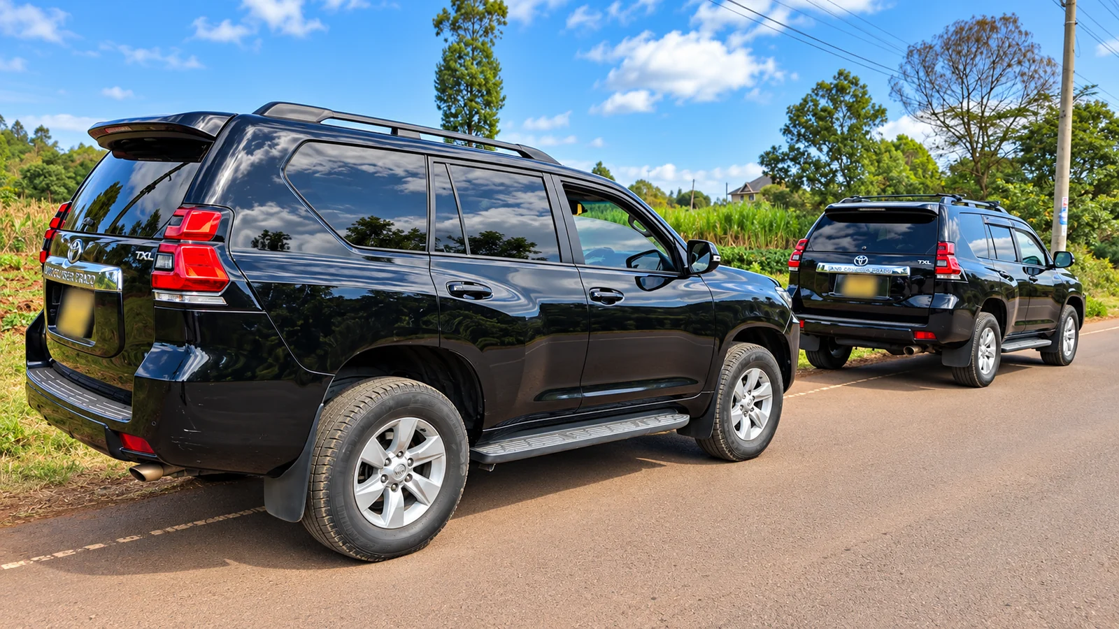 Two black Toyota Land Cruiser Prado vehicles on a Kenyan road